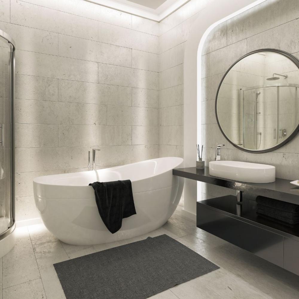 Svart rektangulär badrumsmatta som ger en tidlös elegans till ditt badrum.