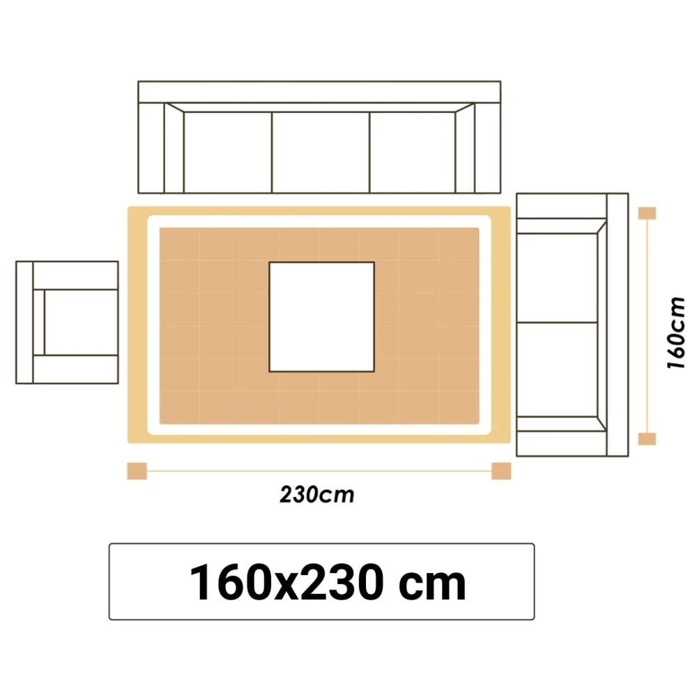 Illustrationer visar en vardagsrumsmatta i storlek 160x230cm.