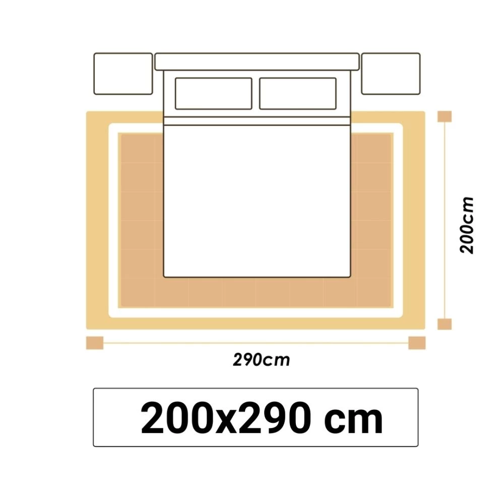 Illustrationer visar en sovrumsmatta i storlek 200x290cm.