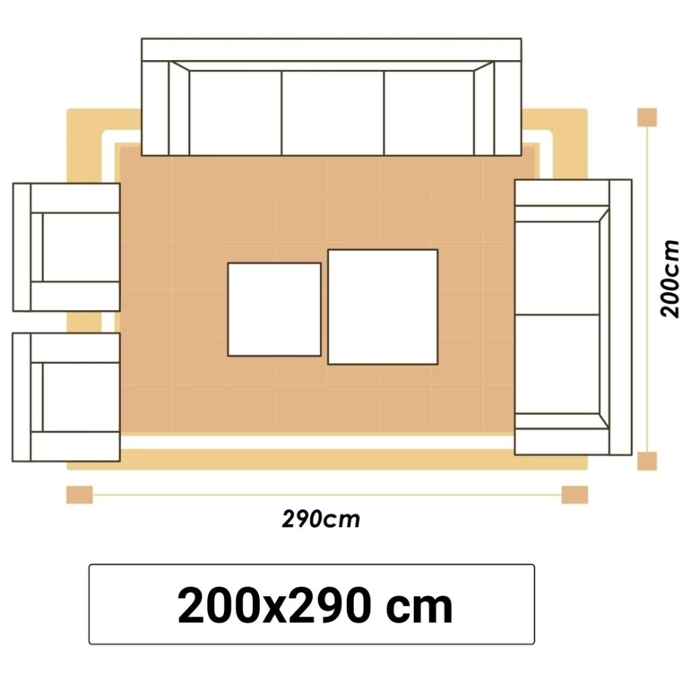 Illustrationer visar en vardagsrumsmatta i storlek 200x290cm.