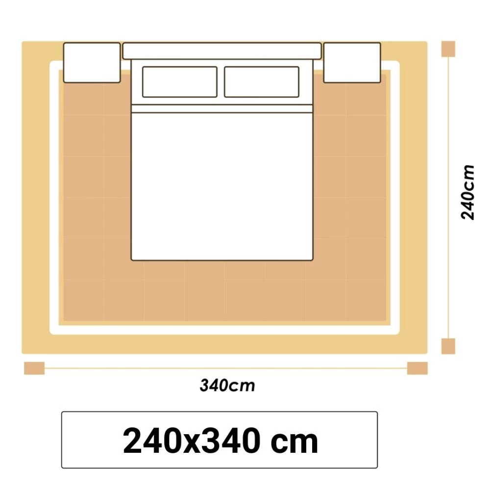 Illustrationer visar en stor sovrumsmatta i storlek 240x340cm.