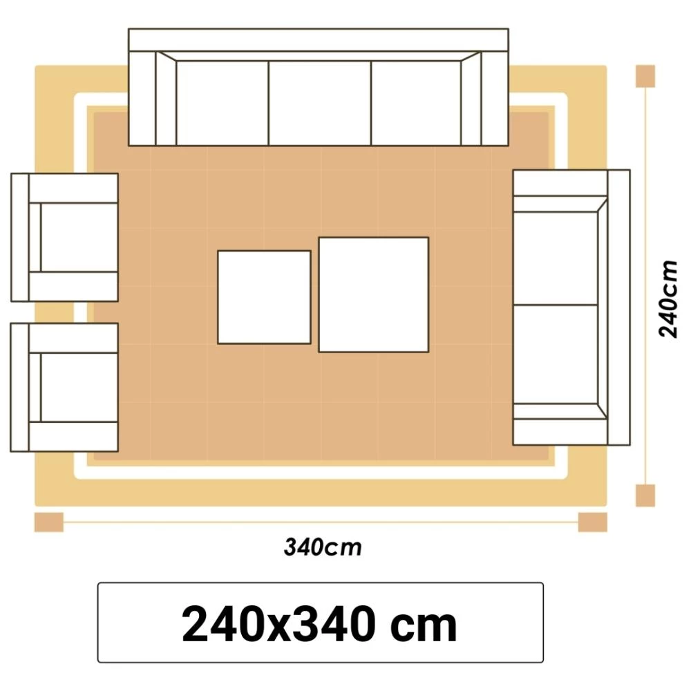 Illustrationer visar en vardagsrumsmatta i storlek 240x340cm.