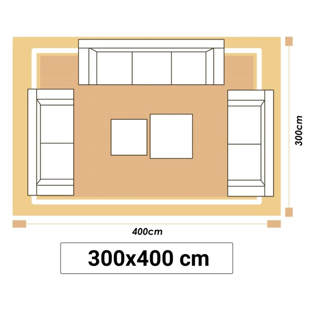 Illustrationer visar en stor vardagsrumsmatta i storlek 300x400cm.