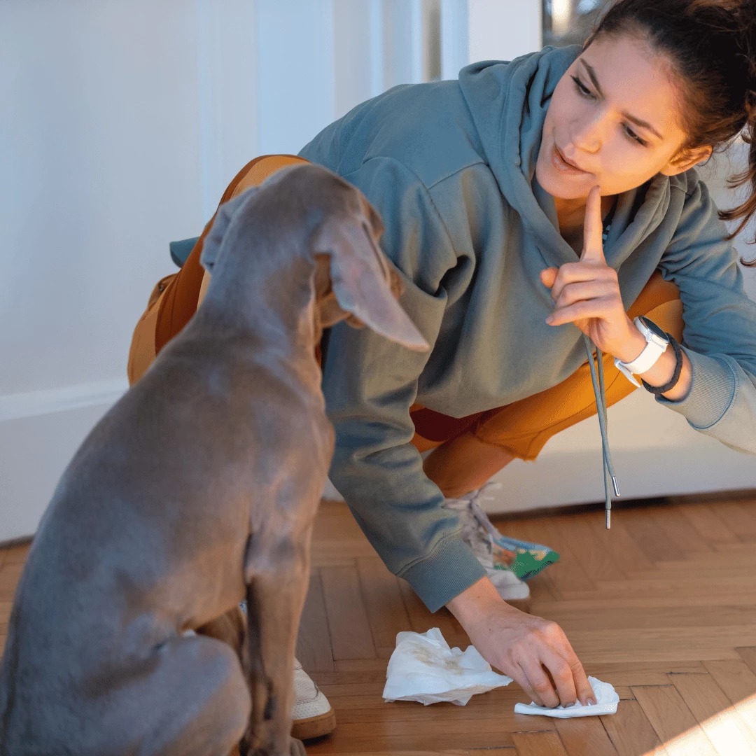 Hund har kissat på matta och husse förklarar med hand och ansikte att det inte var bra.