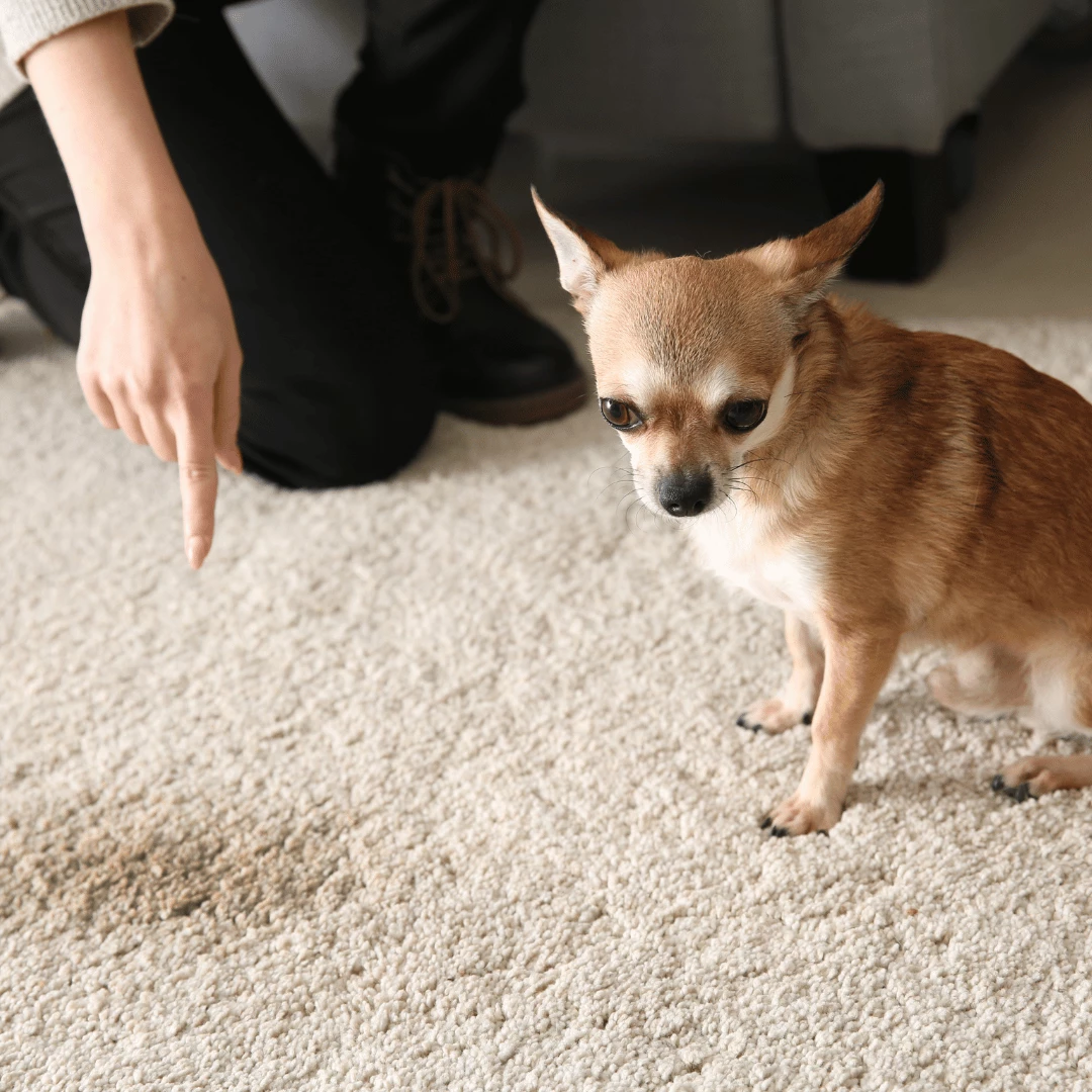 Hundspya på matta. Ägaren pekar mot fläcken och hunden har skuldkänslor.