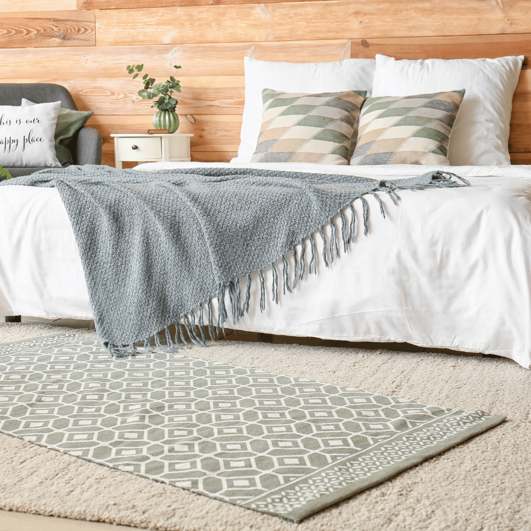Grön mönstrad matta på en beige ullmatta i ett vackert sovrum med 180 säng och fina dekorationer och textilier.