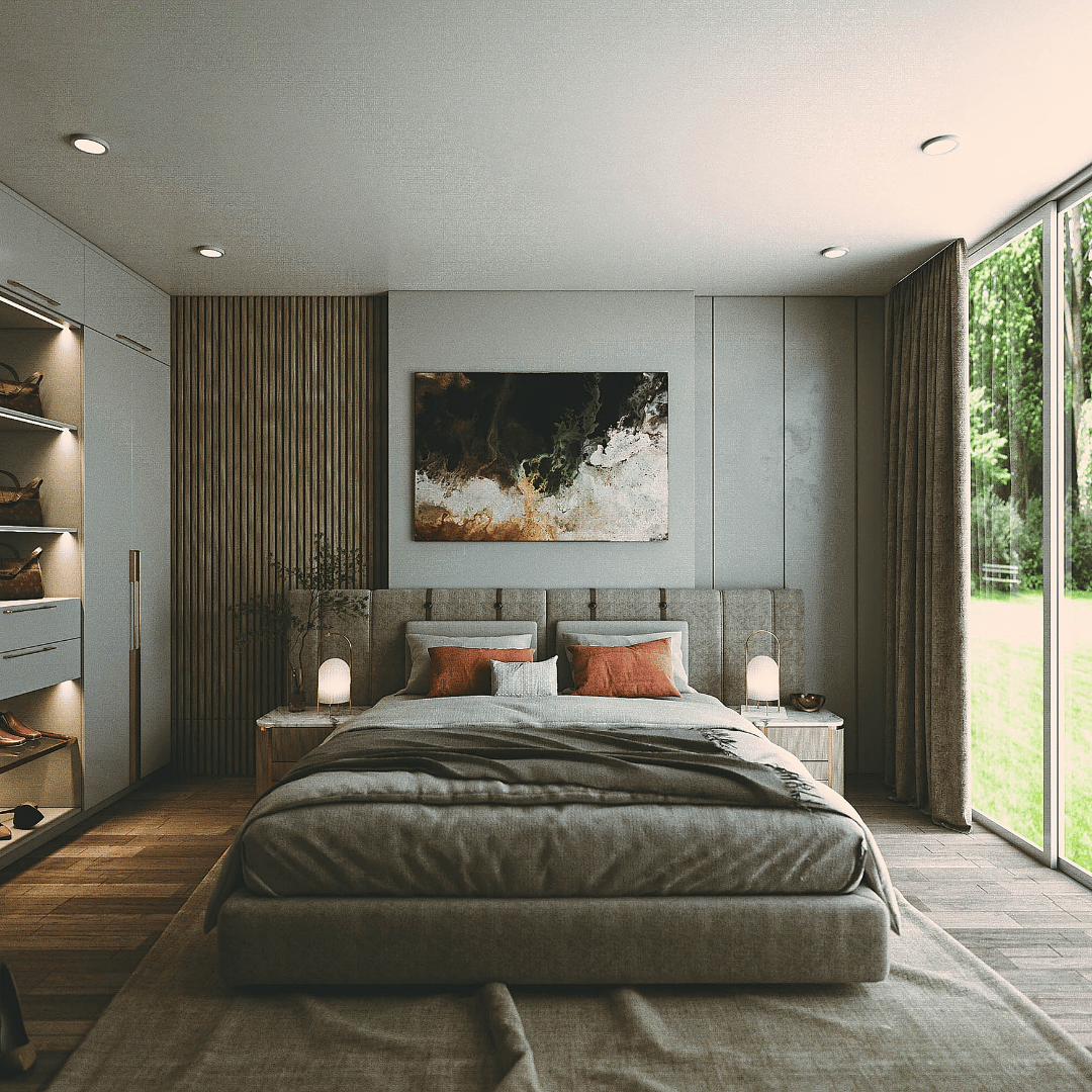 Stort sovrum med stor säng och en vacker grå matta under som skapar en ungdomlig och snygg inredning.