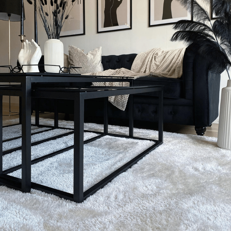 Vacker inredning med bra färgpalett där matta, soffa, soffbord och tavlor skapar en fin stil.