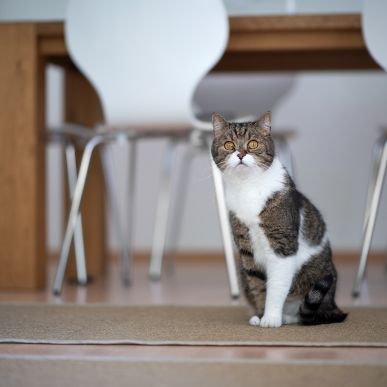 Katt på en brun matta i matsal.