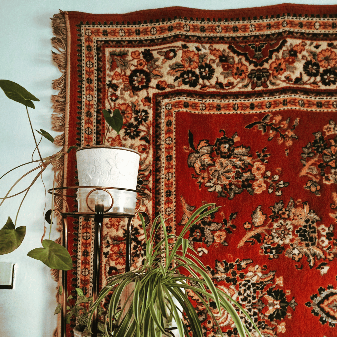 Orientalisk röd mönstrad matta på väggen med växter framför skapar en unik inredning.